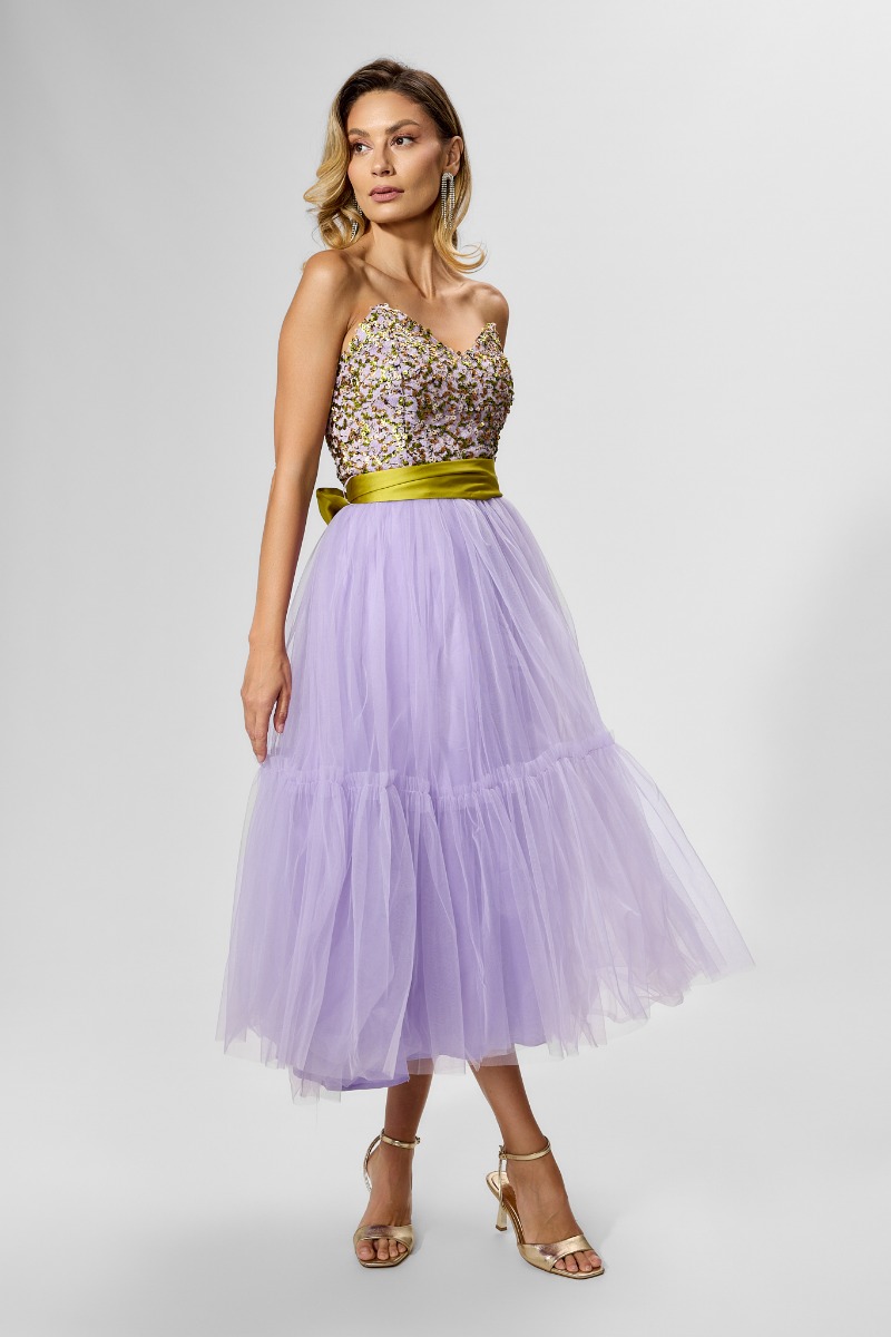 Rochie de ocazie tip baby doll din tull cu paiete Lidiane Lila
