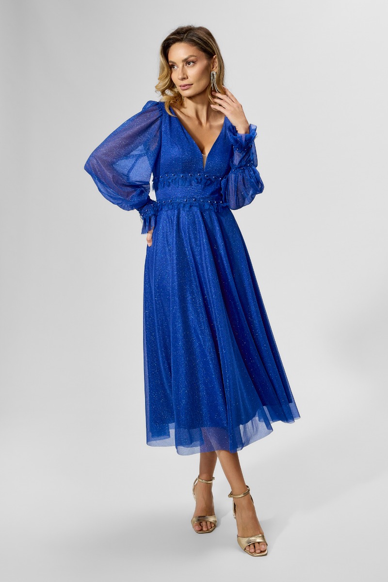 Rochie de ocazie din voal cu glitter Damara Albastra