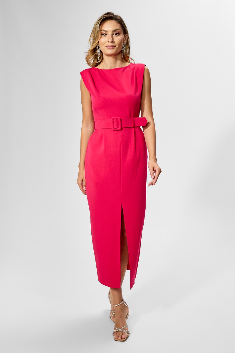 Rochie eleganta cu buzunare si crepeu Elza Ciclam