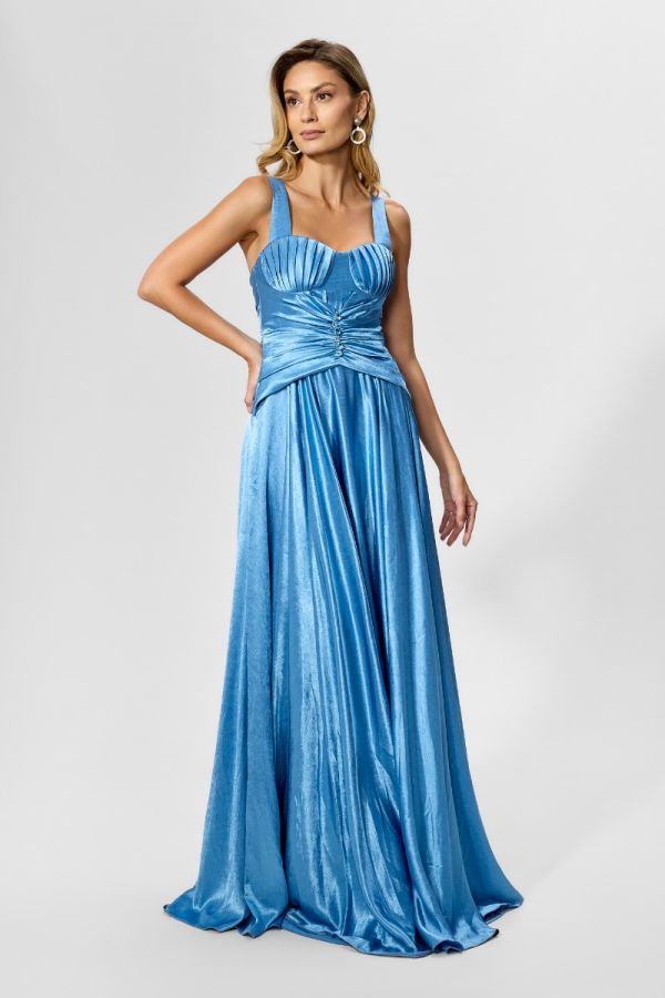 Rochie de ocazie premium din satin cu strass-uri in talie Joviale Indigo