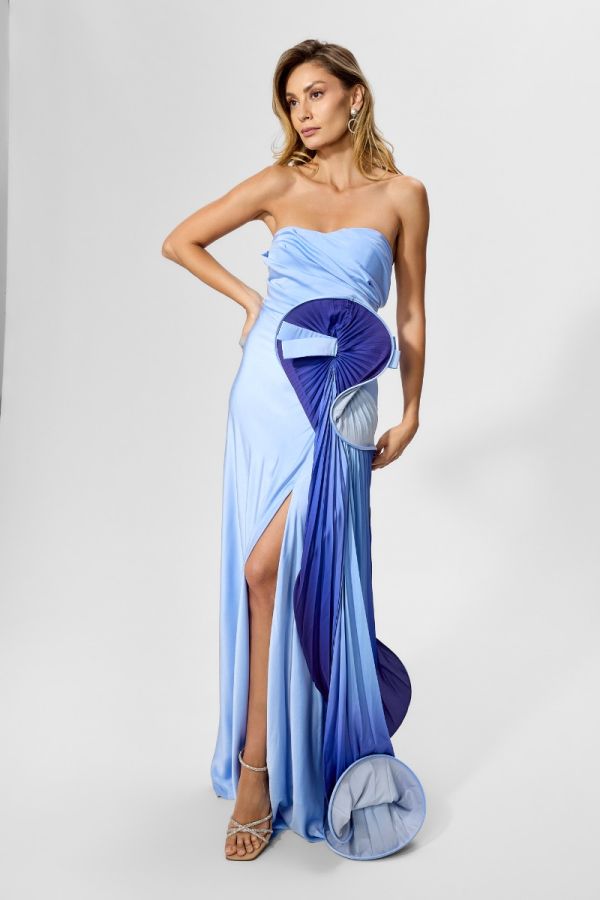 Rochie de ocazie premium din satin cu detalii 3D plisate Idolatry Bleu