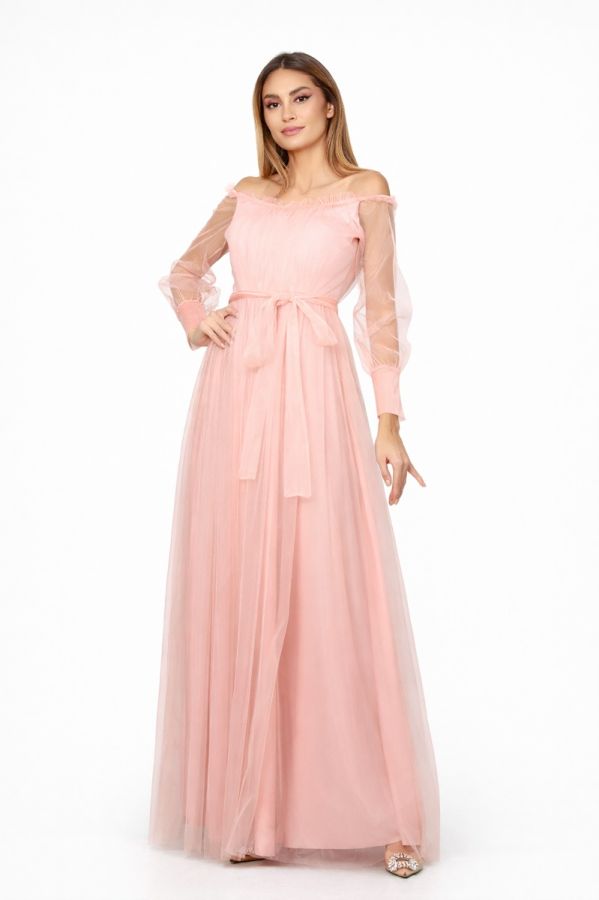 Rochie de ocazie din tull cu decolteu pe umeri Temptation Peach