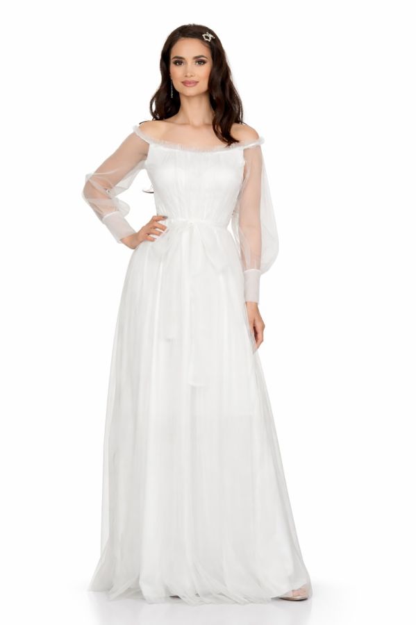 Rochie de ocazie din tull cu decolteu pe umeri Temptation Alba