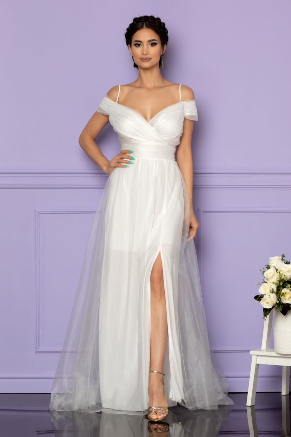 Rochie de ocazie din tull cu crepeu pe picior Celebre Alba