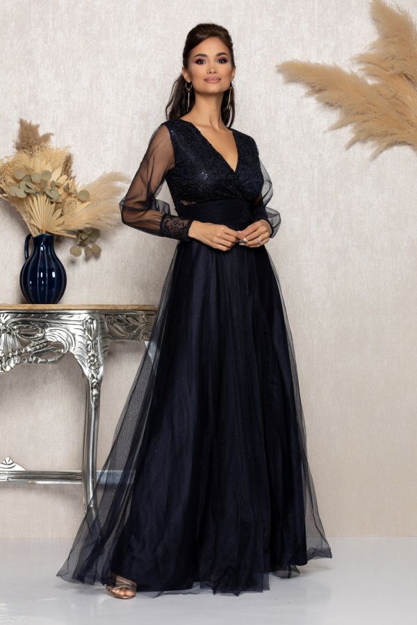 Rochie de ocazie din tull cu dantela Dinasty Bleumarin