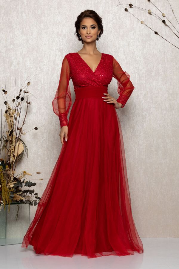 Rochie de ocazie din tull cu dantela Dinasty Rosie