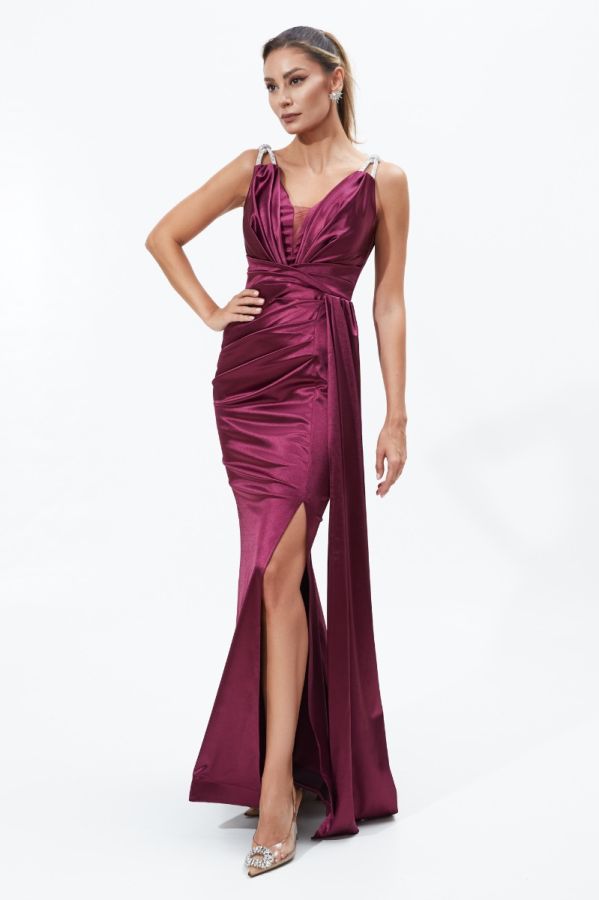 Rochie de ocazie din lycra satinat cu bretele din strass-uri Ancona Magenta