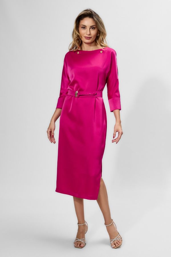 Rochie de ocazie din satin cu detalii aurii Oriana Fucsia