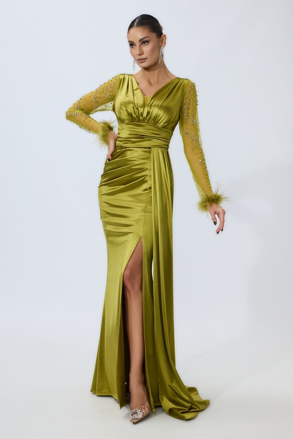 Rochie de ocazie din licra satinat cu strass-uri pe maneci Isaura Fistic
