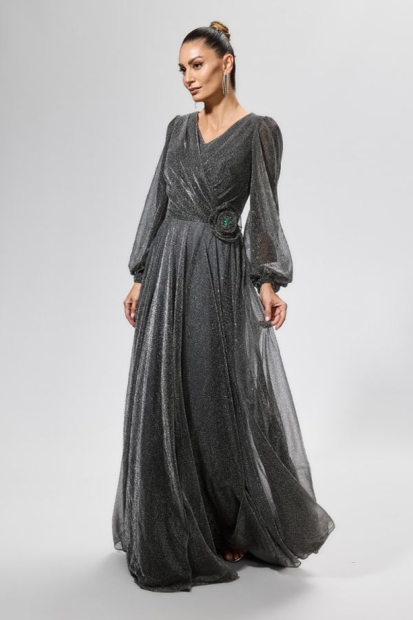 Rochie de ocazie din voal cu fir lame Havana Argintie