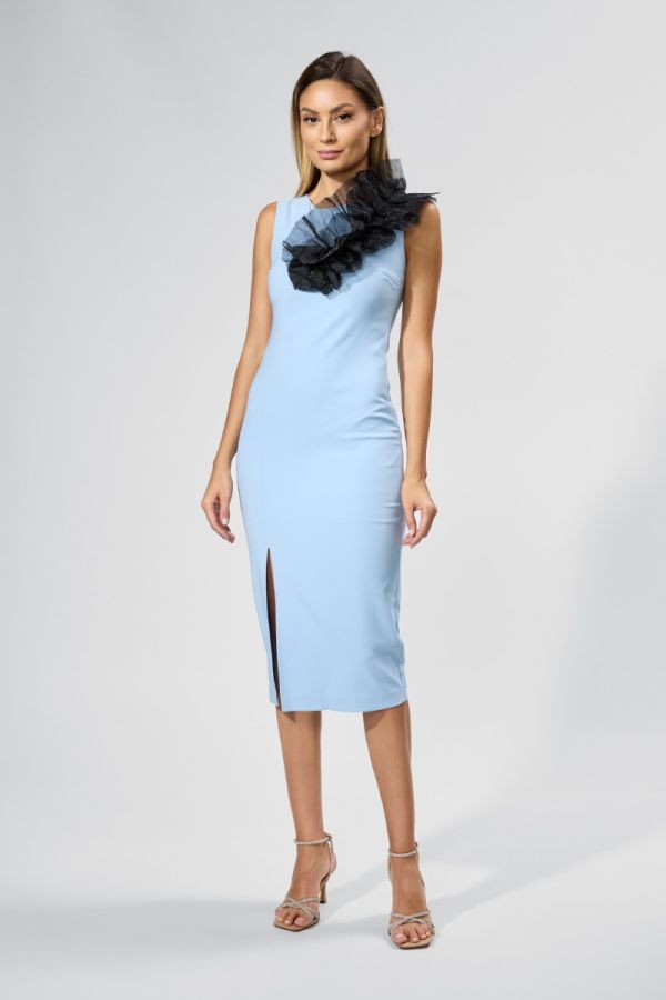 Rochie eleganta midi cu detaliu negru si crepeu in fata Eirene Bleu