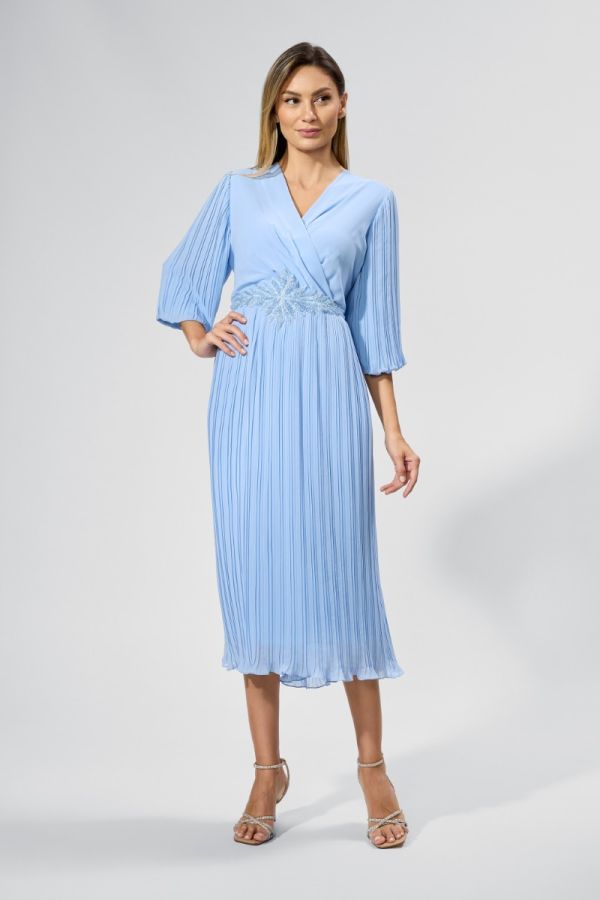 Rochie de ocazie din voal plisat cu broderie si strass-uri in talie Doreen Bleu