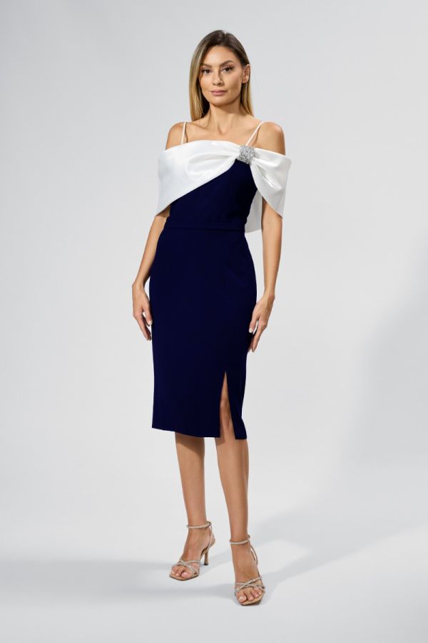 Rochie de ocazie premium cu funda maxi din satin Sage Bleumarin