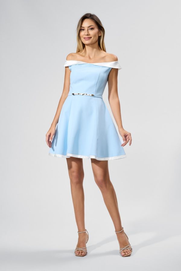 Rochie eleganta tip baby doll cu insertii din satin Emona Bleu