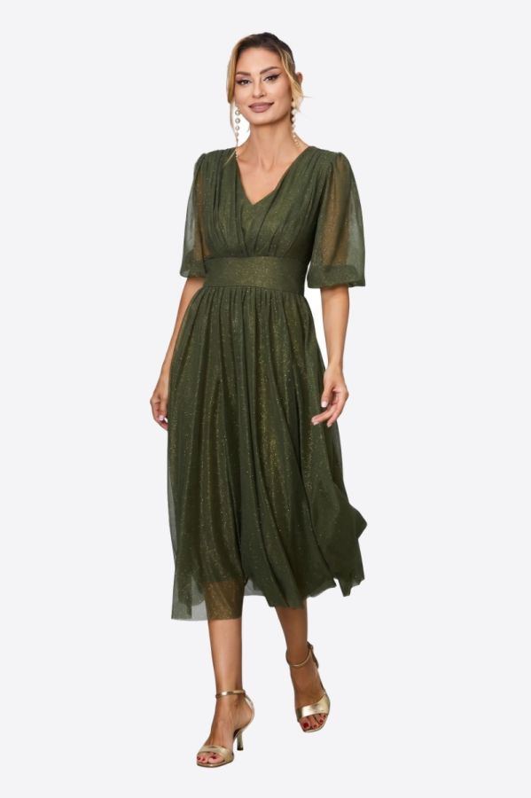 Rochie de ocazie din voal cu glitter Nicolette Kaki
