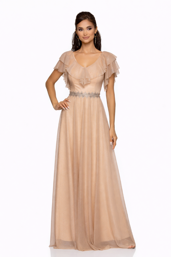 Rochie de ocazie din voal cu glitter si decolteu cu volane Cinderella Nude