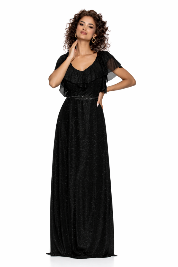 Rochie de ocazie din voal cu glitter si decolteu cu volane Cinderella Neagra