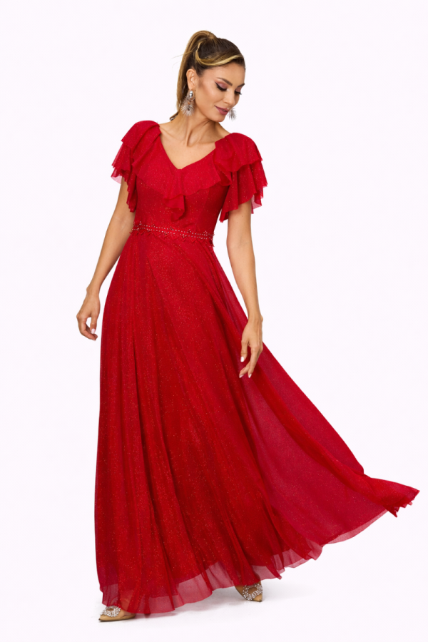 Rochie de ocazie din voal cu glitter si decolteu cu volane Cinderella Rosie
