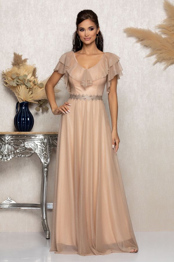 Rochie de ocazie din voal cu glitter si decolteu cu volane Cinderella Nude
