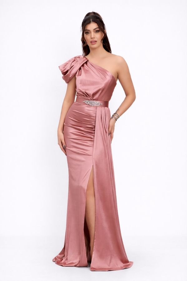 Rochie de ocazie din licra satinat tip one shoulder Perfection Somon