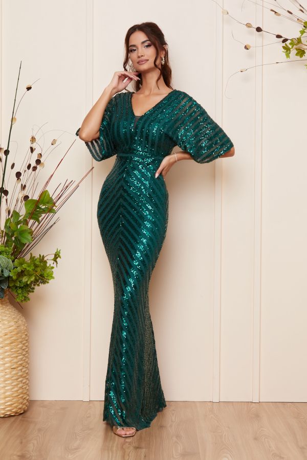 Rochie de ocazie din paiete cu decolteu in V Imperial Verde
