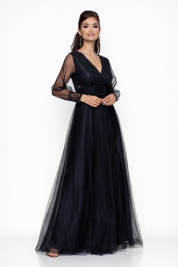 Rochie de ocazie din tull cu dantela Dinasty Bleumarin