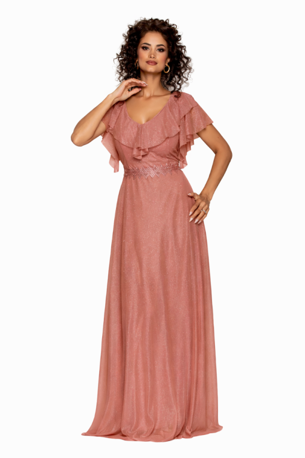 Rochie de ocazie din voal cu glitter si decolteu cu volane Cinderella Peach