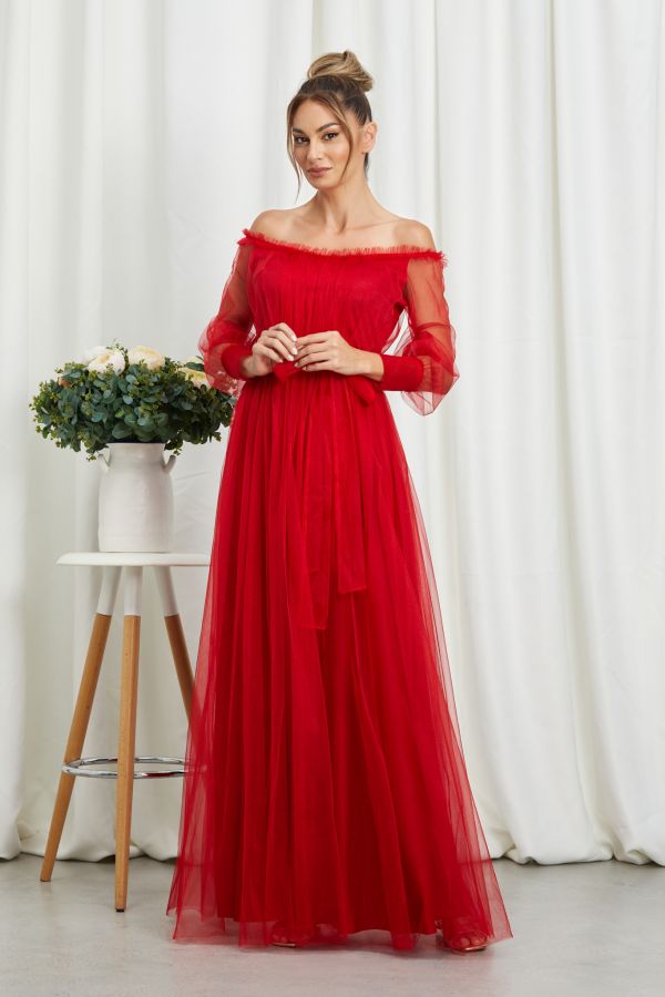 Rochie de ocazie din tull cu decolteu pe umeri Temptation Rosie