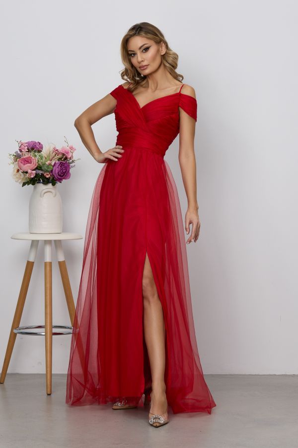 Rochie de ocazie din tull cu crepeu pe picior Celebre Rosie