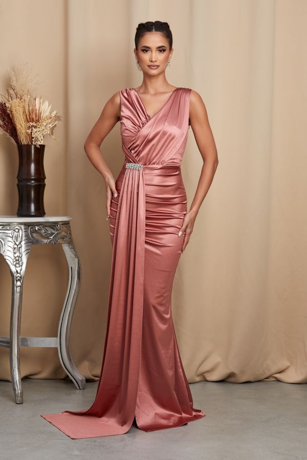 Rochie lunga de ocazie din licra satinat Reina Somon