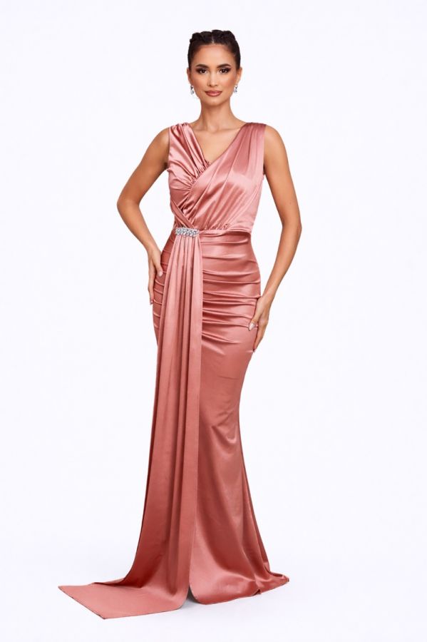 Rochie lunga de ocazie din licra satinat Reina Somon