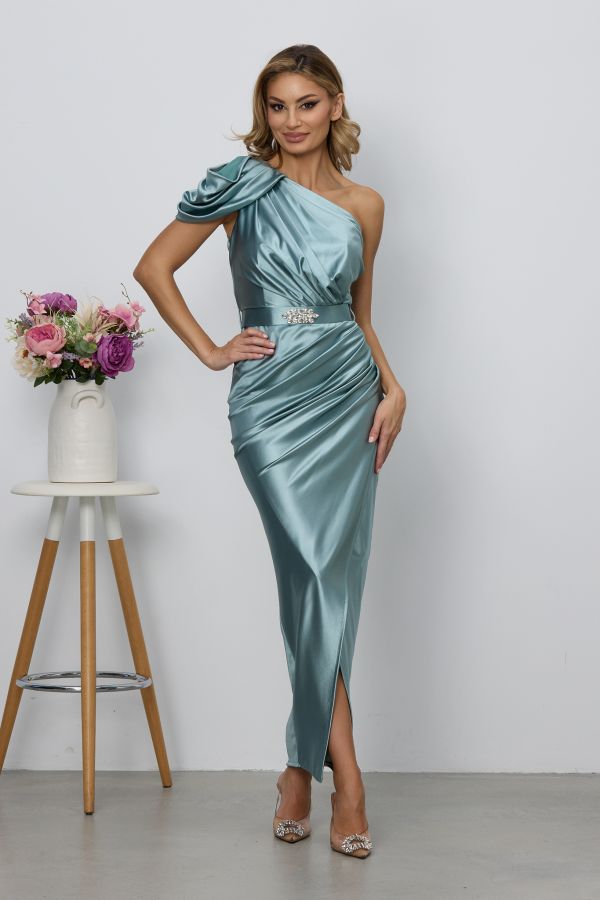 Rochie de ocazie din licra satinat tip one shoulder Sublime Vernil