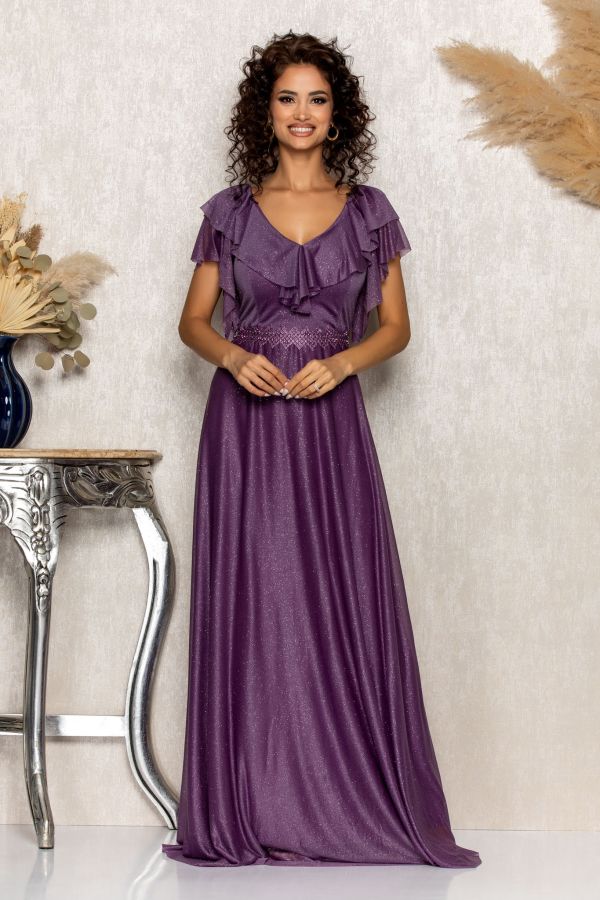 Rochie de ocazie din voal cu glitter si decolteu cu volane Cinderella Violet