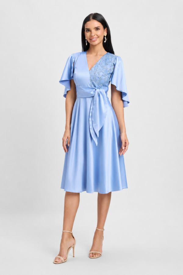 Rochie Moze de ocazie din satin cu detaliu tip esarfa in talie Cristina Bleu