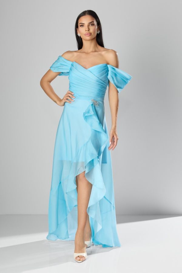 Rochie de ocazie premium asimetrica din voal Vida Bleu