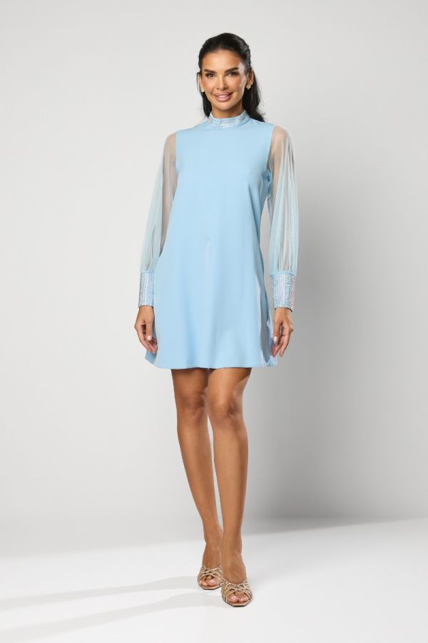 Rochie eleganta cu maneci din tull accesorizata cu strass-uri Leona Bleu