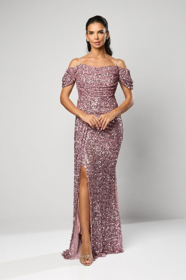 Rochie de ocazie din paiete cu crepeuri frontale Jocasta Roz