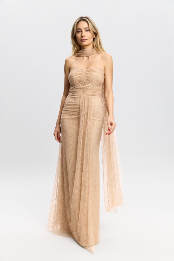 Rochie de ocazie din dantela accesorizata cu esarfa Dilara Nude