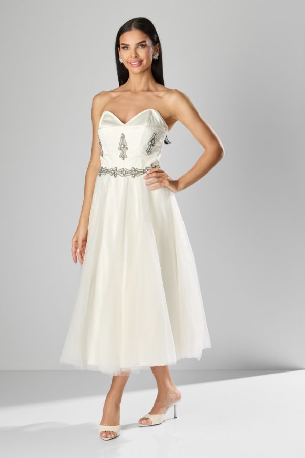 Rochie de ocazie premium din voal fara bretele Azelie Ecru