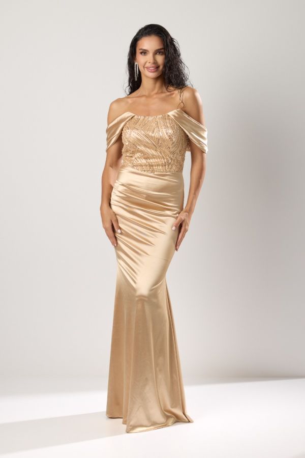 Rochie de ocazie din licra satinat cu inchidere tip corset Femina Aurie