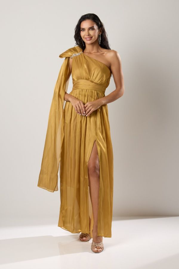 Rochie Moze de ocazie din voal peliculizat tip one shoulder Evangelia Olive