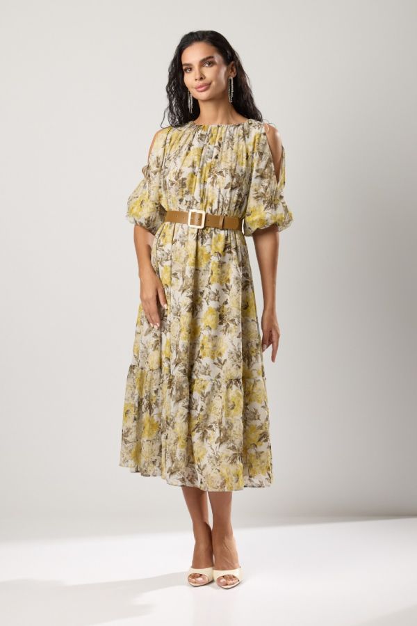 Rochie eleganta din voal cu imprimeu floral Roxela Galben Multi