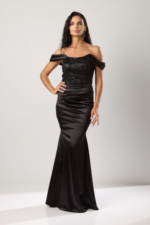 Rochie de ocazie din licra satinat cu inchidere tip corset Femina Neagra