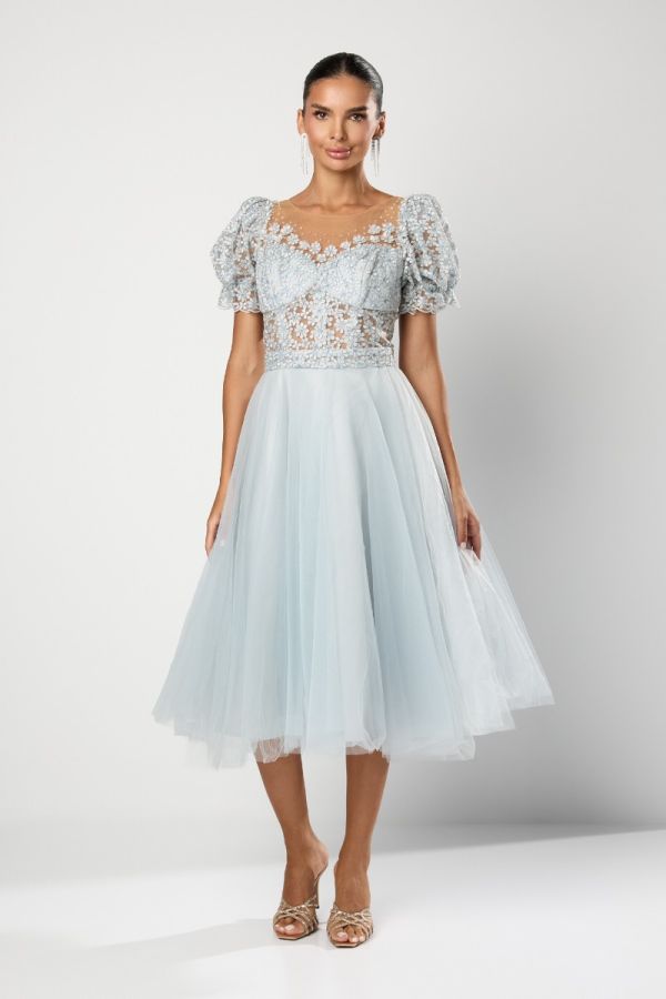 Rochie de ocazie premium tip baby doll din tull cu broderie Omada Bleu