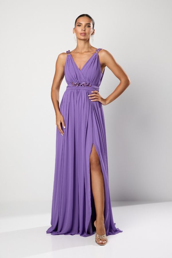 Rochie de ocazie premium din voal cu lant in talie si pe umeri Polyantha Mov