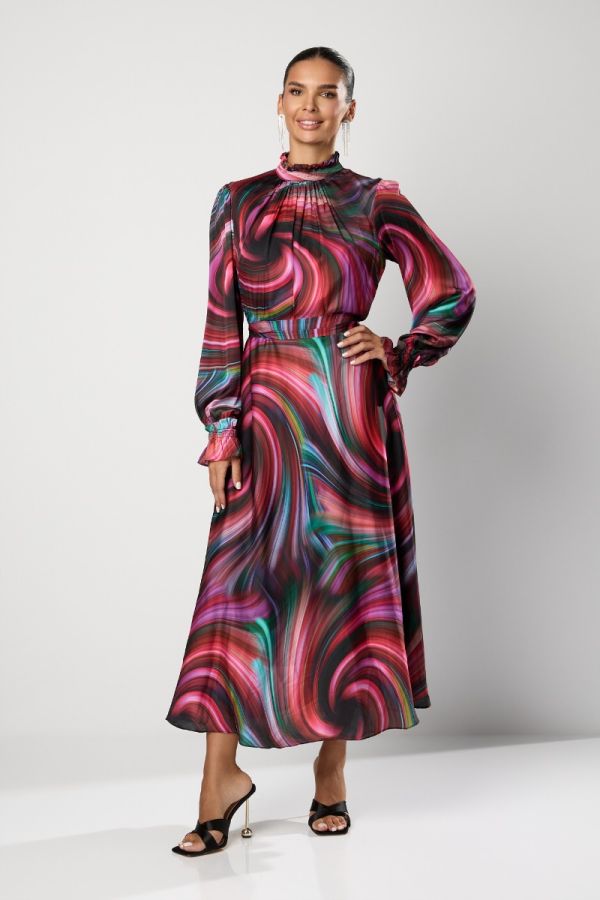 Rochie eleganta din voal satinat Rainbow Fucsia Multi