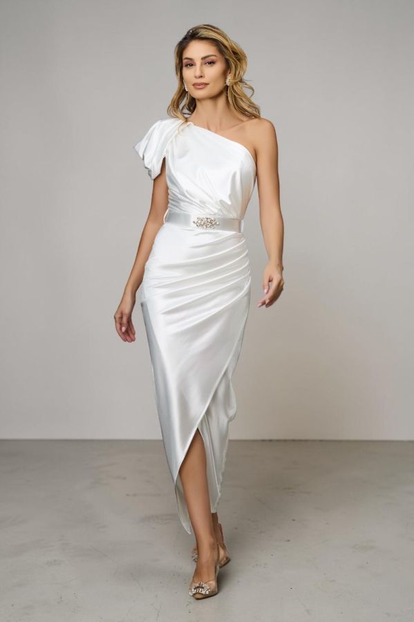Rochie de ocazie din licra satinat tip one shoulder Sublime Alba