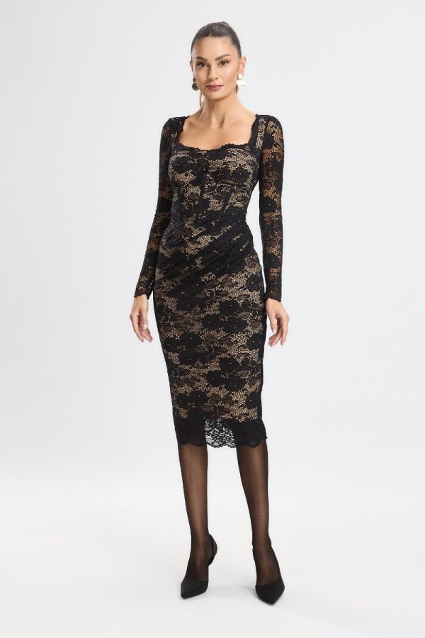 Rochie de ocazie din dantela cu jupon nude Sherine Neagra