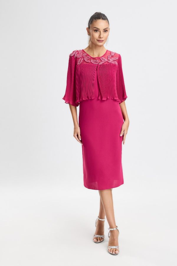 Rochie eleganta cu voal plisat si strass-uri la bust Chandra Fucsia