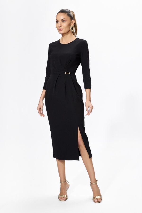 Rochie eleganta cu pliuri in talie si crepeu Eliana Neagra